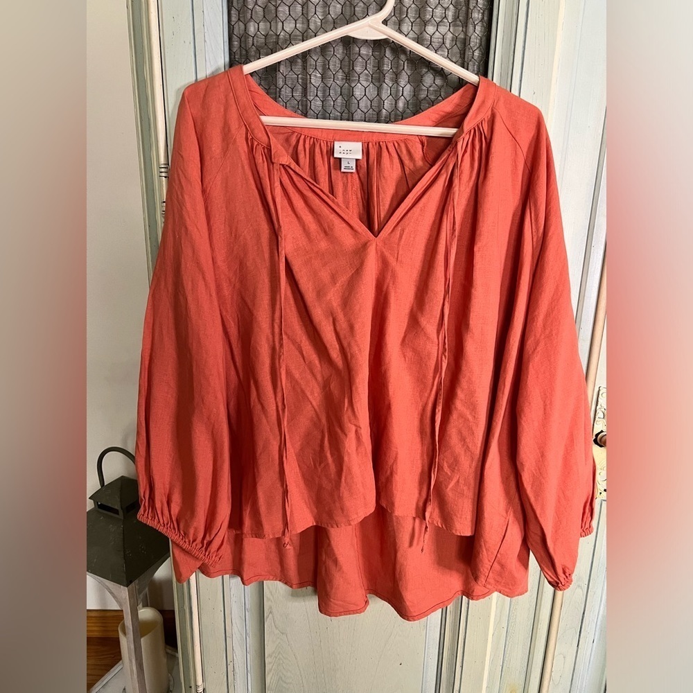 a new day Linen Blend Loose Flowy Hi-Low Balloon Sleeve Top Coral Size Large
